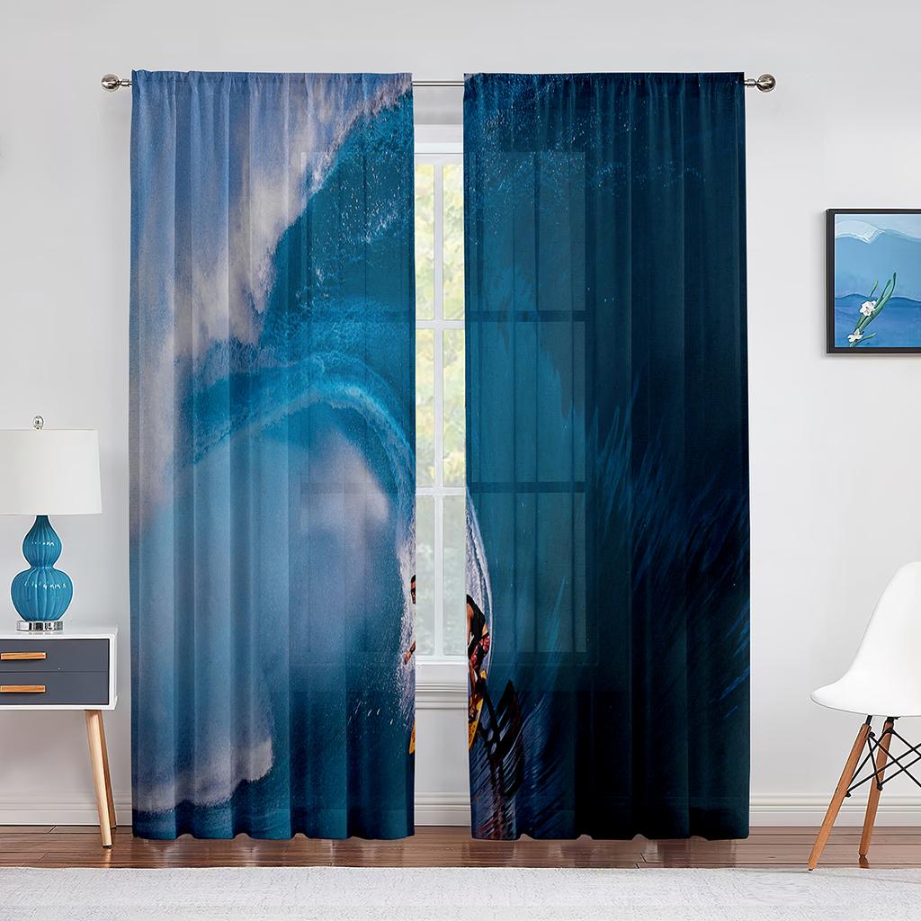 Ozeanwellen-Abenteuer Surfen Extremsport Tüllgardinen für Wohnzimmer Schlafzimmer Dekoration Transparente Voile-Fenstervorhänge Drapierungen
