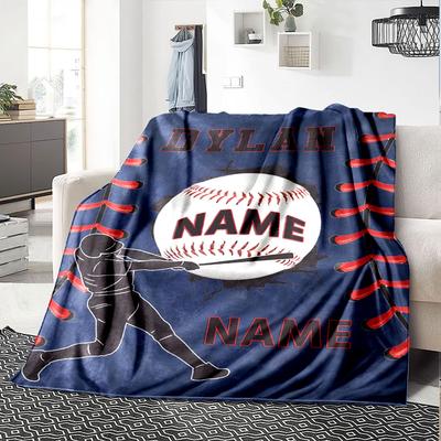 Baseball Player Hitting Ball With Name Design Lightweight Personalized Blanket Customize Text Durable Comfort Throw For Sofa Couch Office Bed Picnics