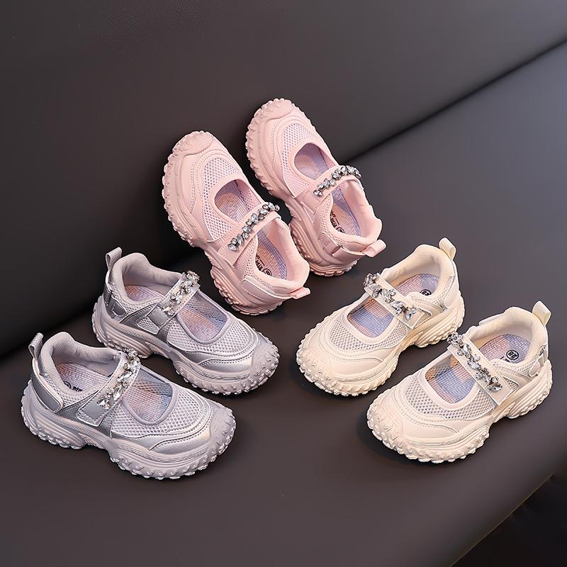 Girls Sneakers Non-slip Cushion Kids Princess Shoes Shiny Crystal 2025 Summer New Children Sports Shoes Breathable Mesh Trendy