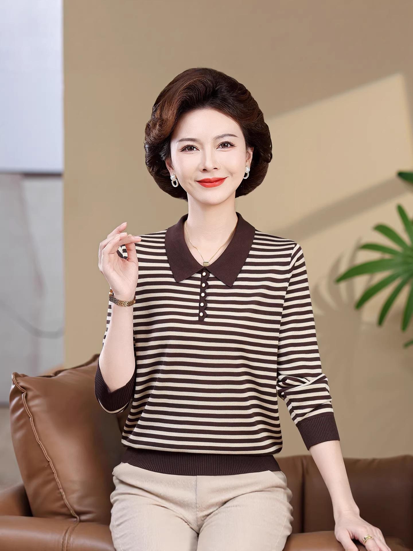 

2026 Women s Autumn Striped Knit Sweater with Wool Collar L (105-120 lbs) кофейный