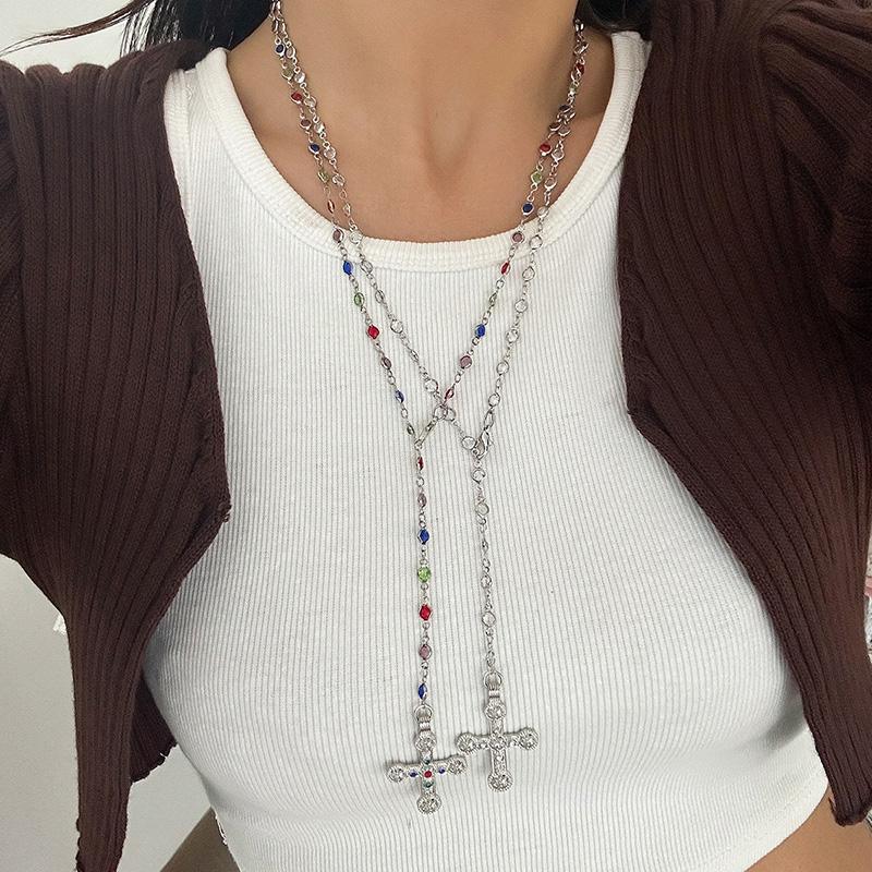 Cross Pendant Necklaces for Women Zinc Alloy Colorful Rhinestones Necklaces Gold Silver Colors Long Choker Trendy Party Jewelry