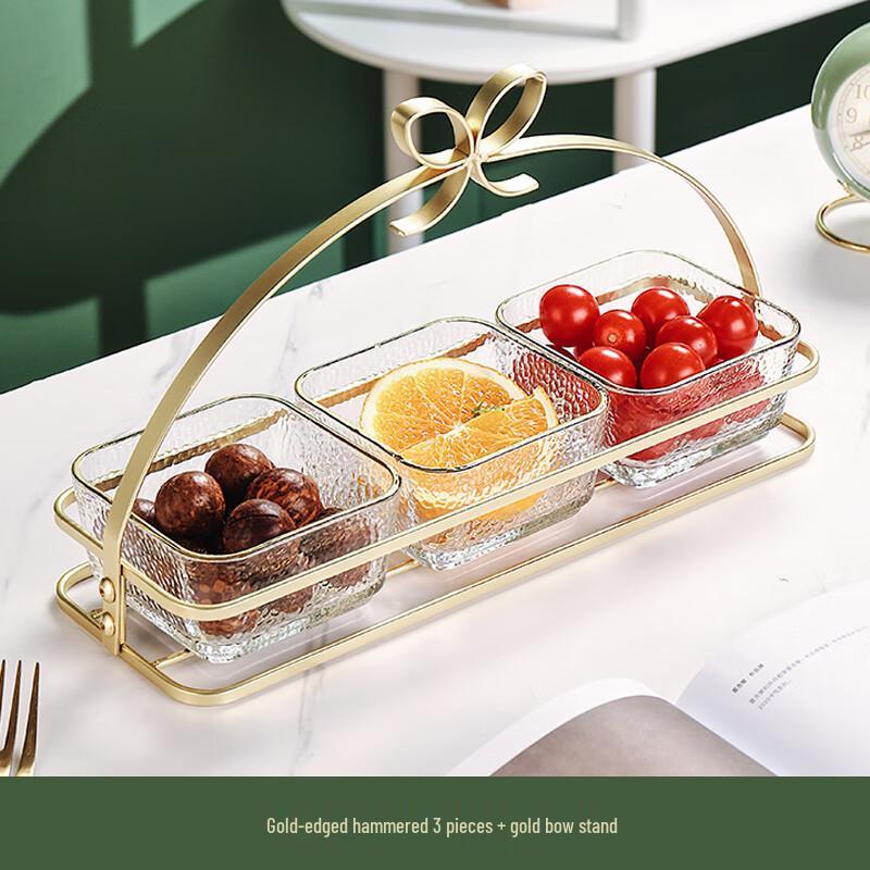 Elegant Divided Glass Snack Plate with Gold Bow Stand