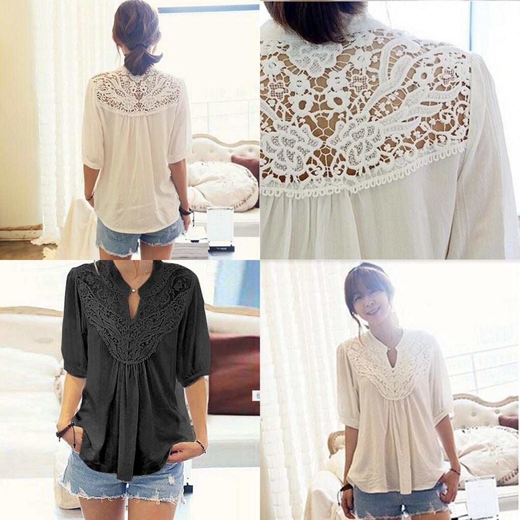 Ladies Hollow Blouse T Shirts Tops Lace Tunic Top Shirt Freesize Chiffon