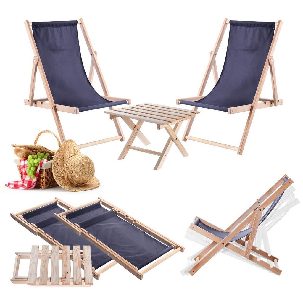 KADAX Set Couchtisch für Liegestühle Natur + 2 Holzliegen