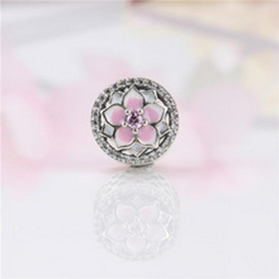 European Spring S925 Sterling Silver Pandora Rose Gold Magnolia Beaded Bracelet with Peach Blossom Charms