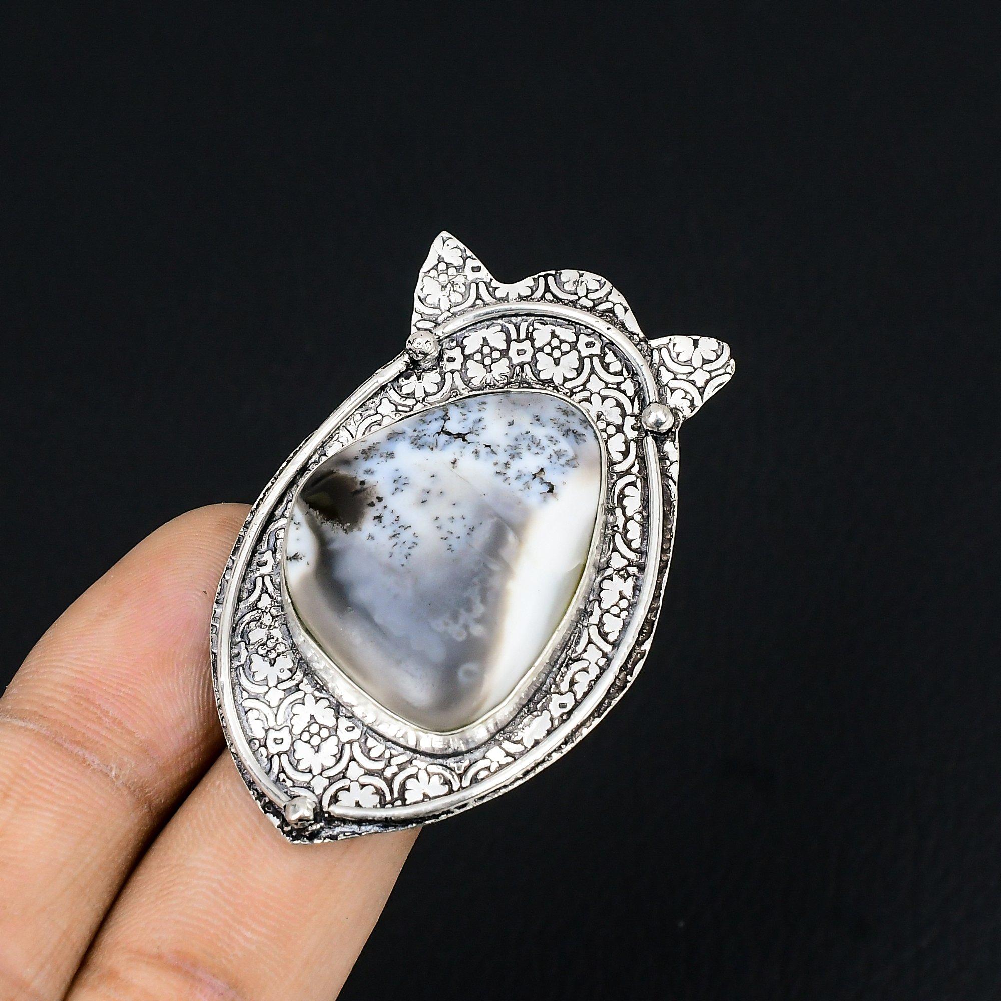 Natural Dendrite Opal Gemstone 925 Silver Multi Stone Ring Size 7.5 For Women 7.5