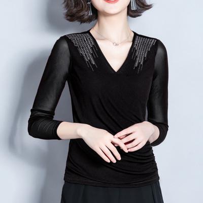 Neues langärmeliges Mesh-T-Shirt für Damen im Frühling und Herbst, Damen V-Ausschnitt Slim Top, modisches inneres Basic-Shirt