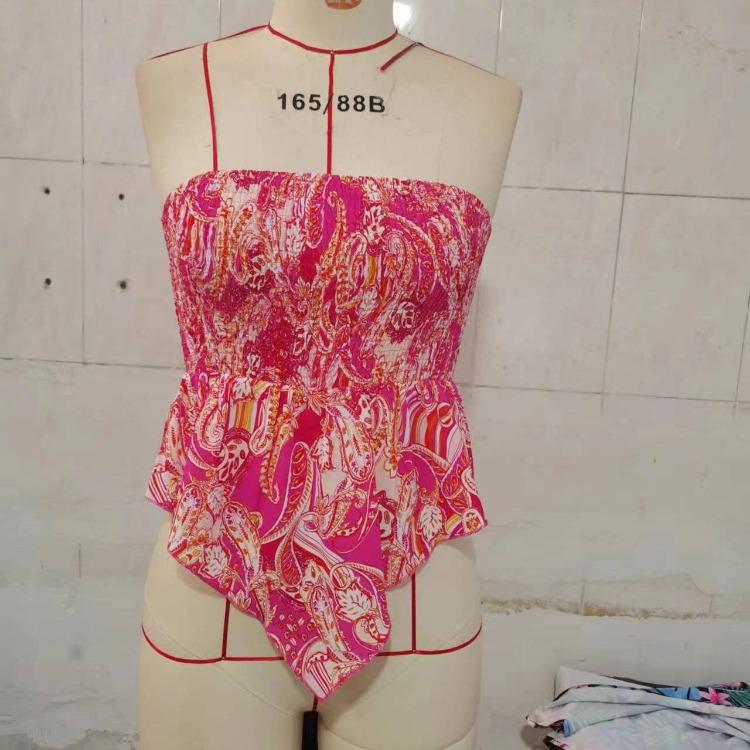 Women Sexy Off Shoulder Summer Tops Floral Print Sleeveless Strapless Tank Slim Waist Draw Pleats Hot Girl Spring Casual Blouse S-XL