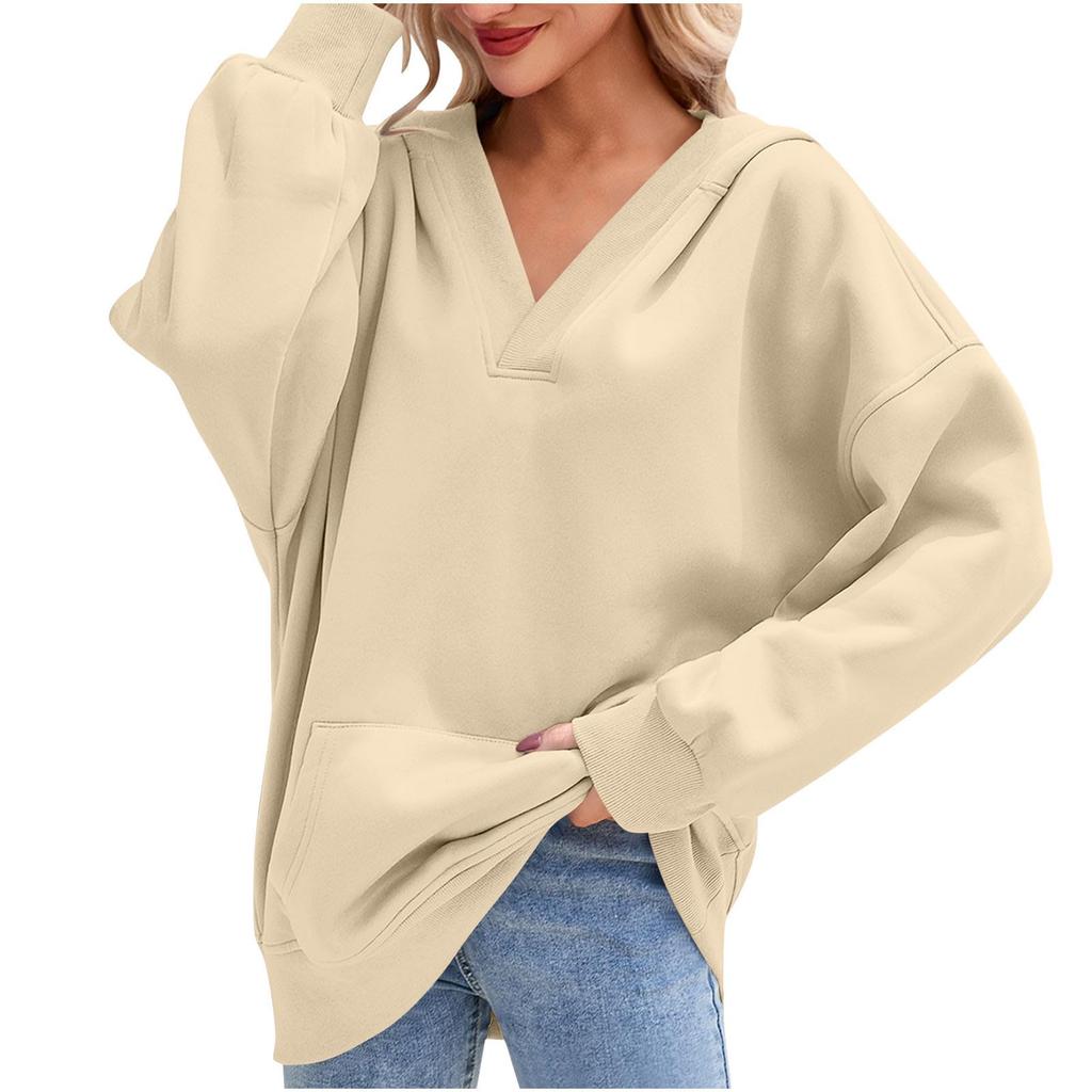 Damski swobodny pulower z dekoltem w serek, z długim rękawem, jednolity kolor, podszyty polarem, z kapturem, top