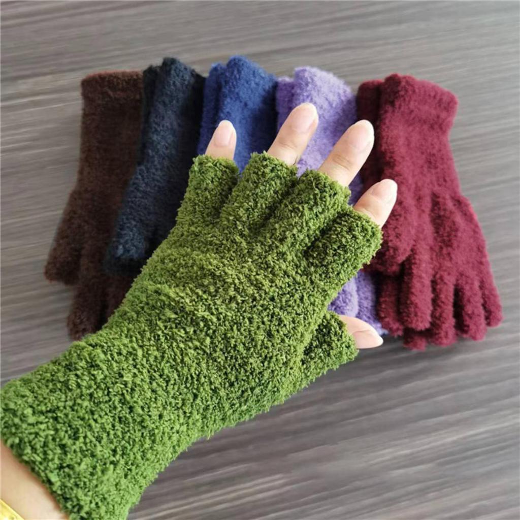 Coral Fleece Half Finger Gloves Solid Color Winter Warm Knitted Gloves Thicken Soft Plush Glove Outdoor Mittens