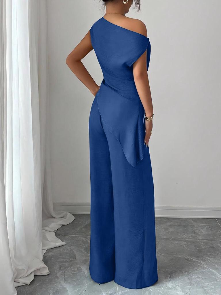 Elegant One-Shoulder Solid Color Women's Suit with Pocket Zipper Pants