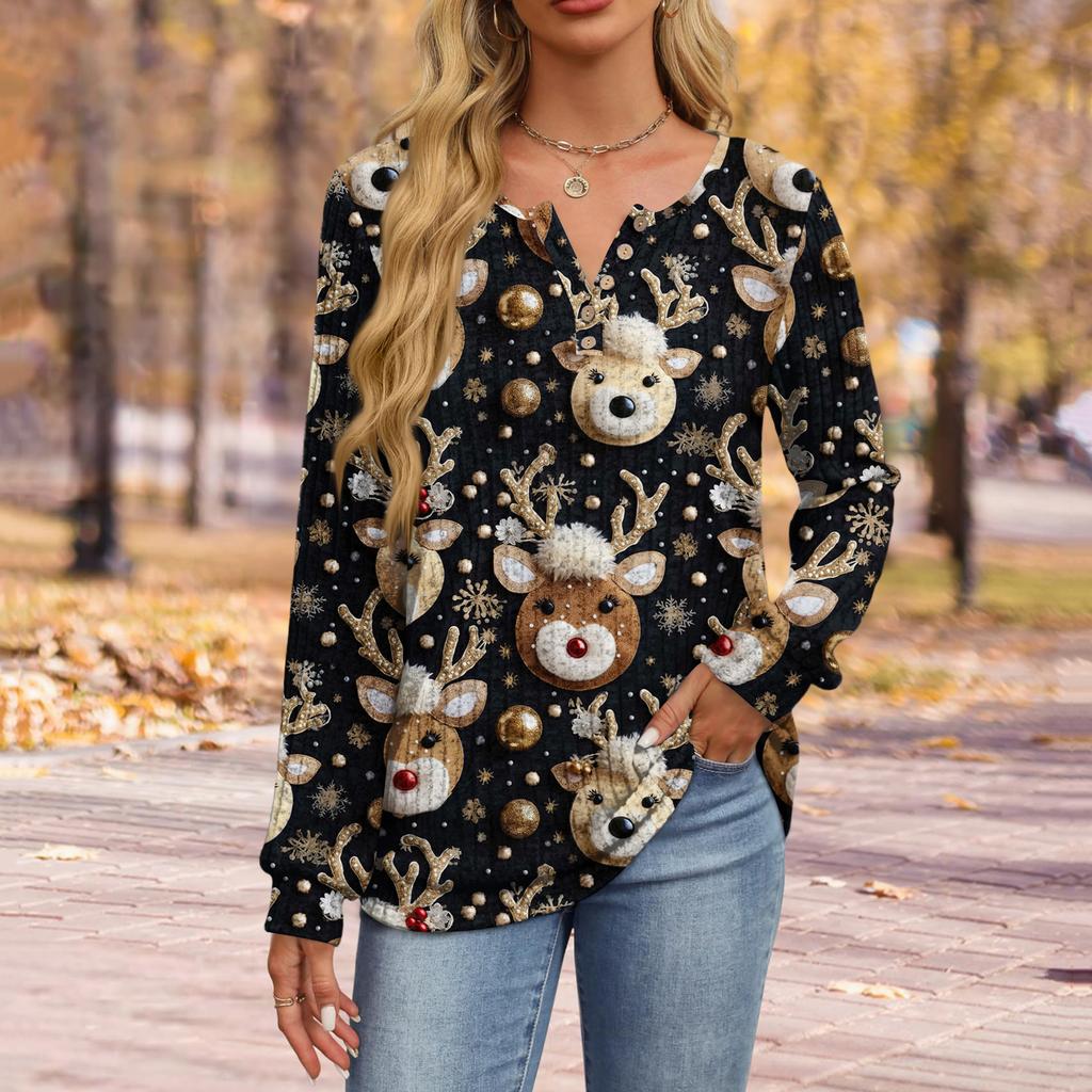 Women's Fashion V-Neck Button-Up T-Shirt With Christmas Print Long-Sleeved Top