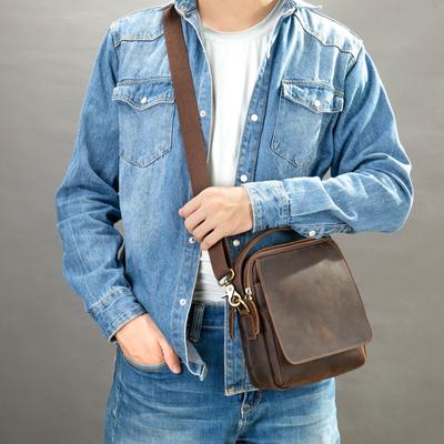Crazy Horse Borsa a tracolla sportiva in vera pelle da uomo, borsa casual, borsa a tracolla vintage in pelle