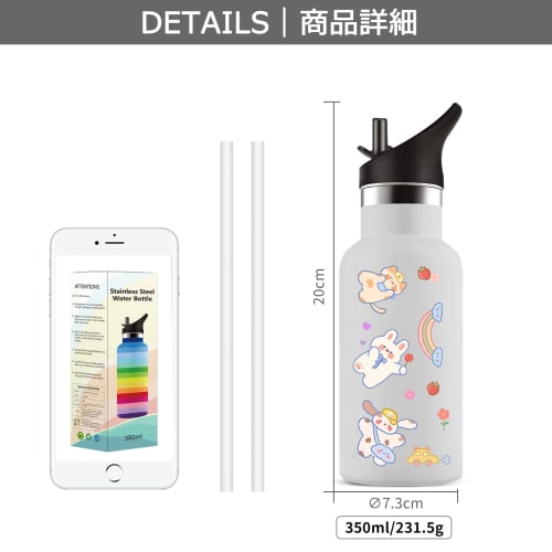 BOONSHAK Stainless Steel Thermos Water Bottle with Straw, 350ml Capacity, Vacuum Insulated, for Sports Drinks and Carbonated Water, Compact Design Wit