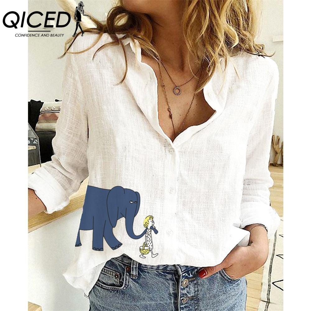 

QICED Women s Fashion Casual Blue Elephant Print Long Sleeve POLO Neck Blouses & Shirts S білий