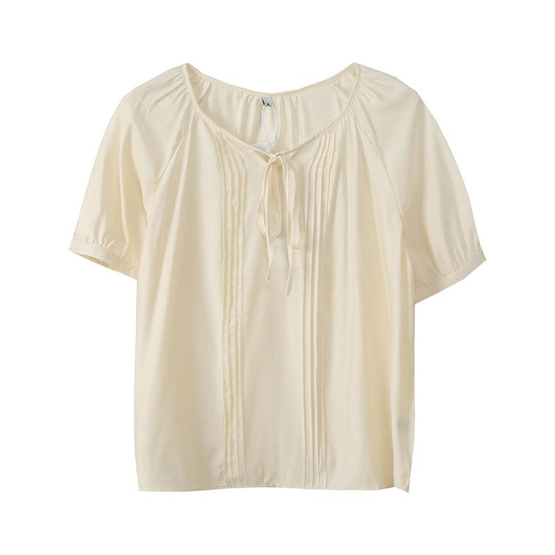 Chiffon Shirt with Wool Lace-up and Slightly Wrinkled Texture Summer New Fat Mm Fresh and Loose Top 222109