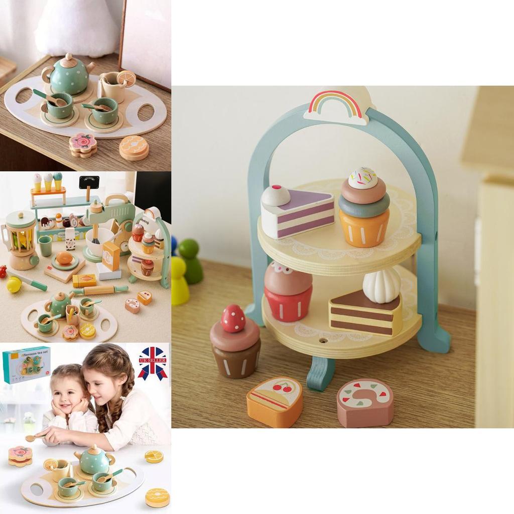 Colorful Wooden Ice Cream Shop Pretend Play Set For Kids With Realistic Tea Set Features