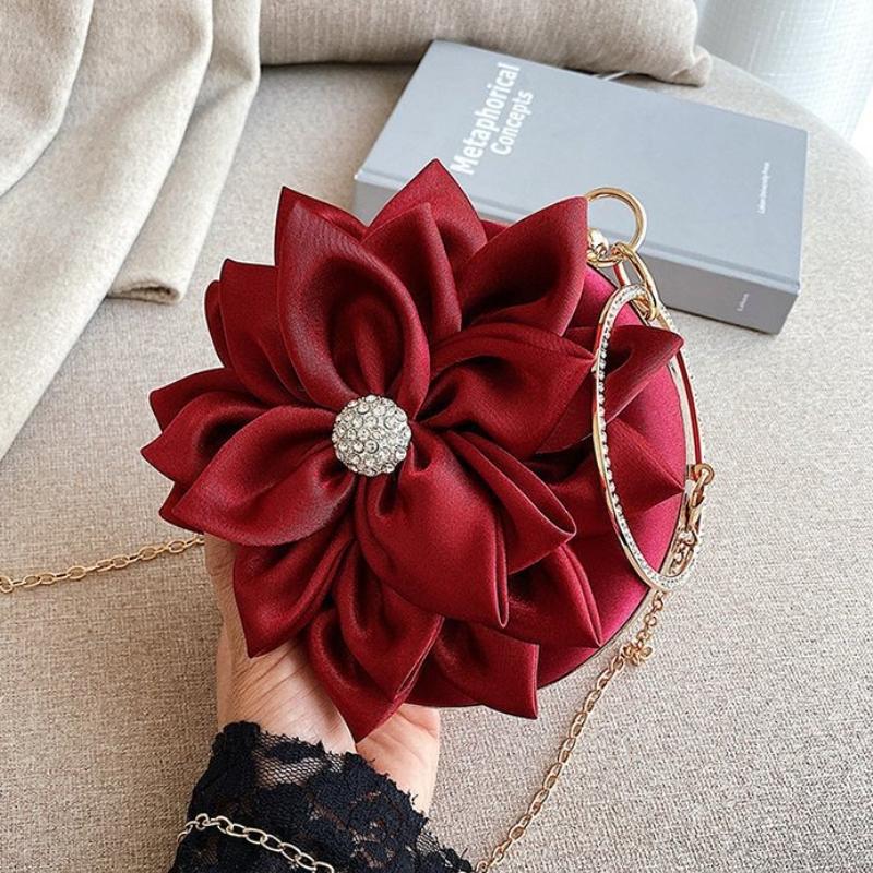 Red Flower Clutch Purse Women Round Evening Bag Crystal Diamond Wedding Silk Handbag Exquisite Chain Shoulder Bags