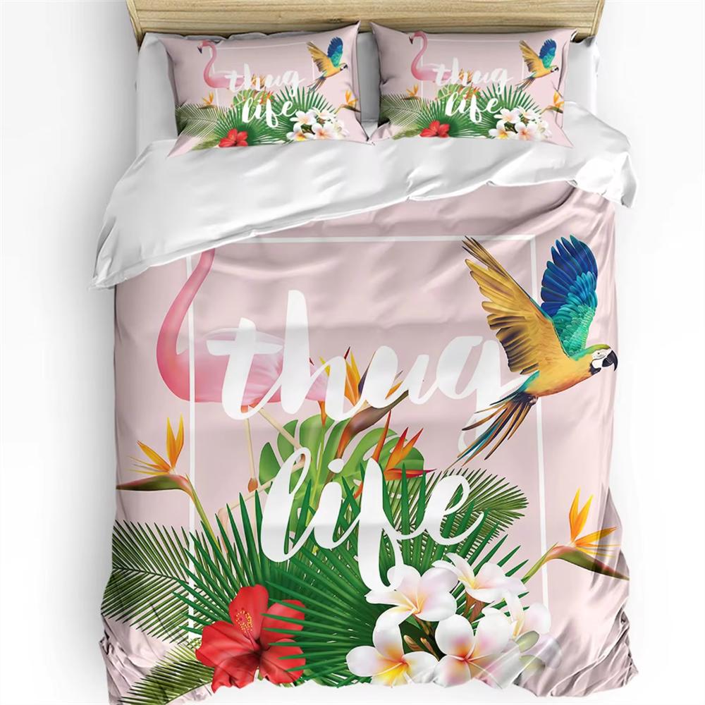 Parrot King Queen Bedding Set Cute Birds Colourful Feather Duvet Cover Tropical Flowers Comforter Cover Polyester Quilt Cover