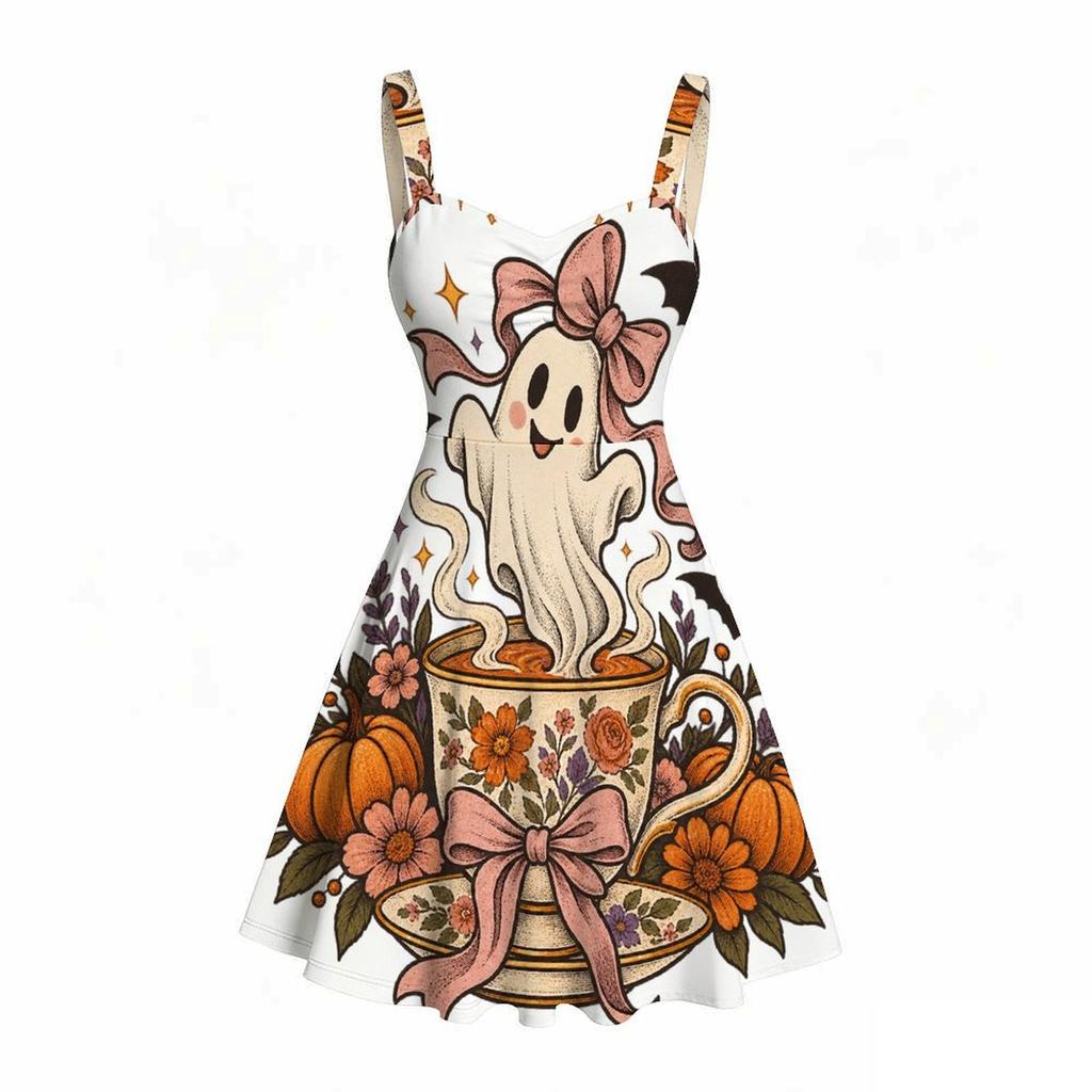 Women Plus Size Spaghetti Strap Off Shoulder Dress Witchy Potion Bottle Floral Crystal Moon Print Swing Dress