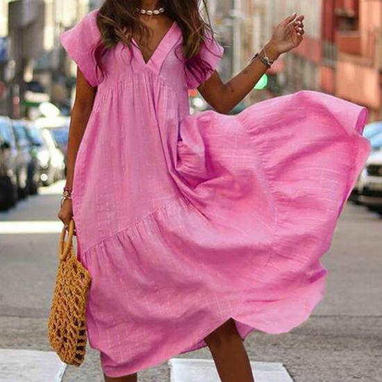 

Летнее платье нерегулярной формы с v-образным вырезом, длинное длинное платье большого размера в европейском и американском стиле, однотонная модная женская одежда S розы красного