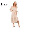 Women Dress Long Sleeves Flower Print A-line Square Neck Midi Casual Elastic Bust Backless Patchwork Hem Pleated Spring Fall Chiffon Outfit