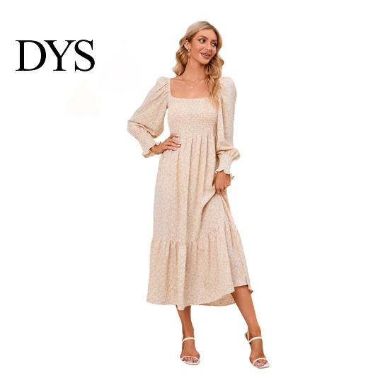 Women Dress Long Sleeves Flower Print A-line Square Neck Midi Casual Elastic Bust Backless Patchwork Hem Pleated Spring Fall Chiffon Outfit