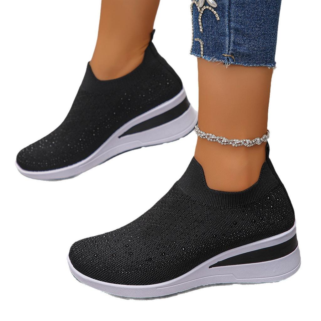 Fashion Rhinestone Decor Wedge Sneakers for Women Breathable Knitted Non Slip Running Shoes Woman Comfortable Slip On White Sports Shoes