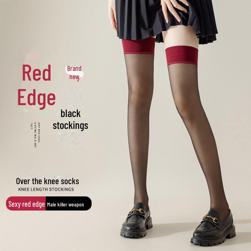 Damen Schwarze Seiden Oberschenkelhohe Strümpfe mit rotem Rand – Laufmaschenfest und Sexy für den Sommer