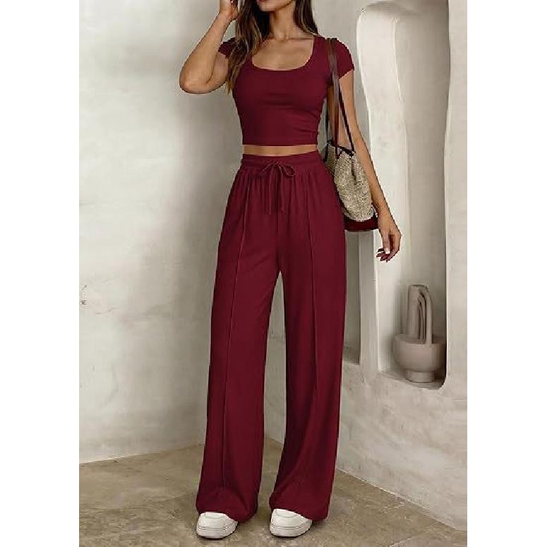 2026 Spring/Summer New Women's Casual Slim-Fit Two-Piece Set with Short Sleeves and Long Pants for Commuting