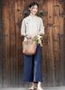 2025 Summer Women's Retro Cotton Linen Stand Collar Color Block Short Sleeve Top for Tea Ceremonies