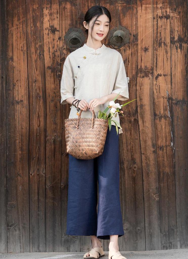 2025 Summer Women's Retro Cotton Linen Stand Collar Color Block Short Sleeve Top for Tea Ceremonies