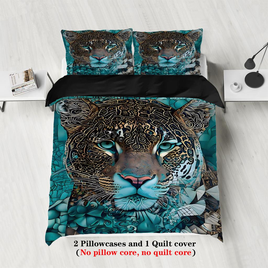 3pcs Fierce Leopard Animal Printed Chipless Bedding Set, Soft and Comfortable, Suitable for Dormitory Bedrooms of Various Sizes