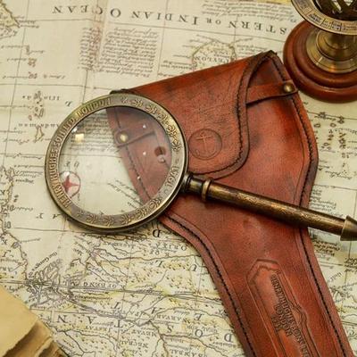 Brass Magnifying Glass with Leather Case:  Desk Decor 7.62 Cm