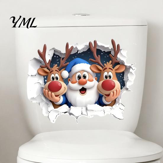 Creative Indoor Outdoor Ornaments Christmas Santa Claus And Elk Toilet Stickers, 3D Wall Breaking Decals, Easy Peel Stick Decals Waterproof