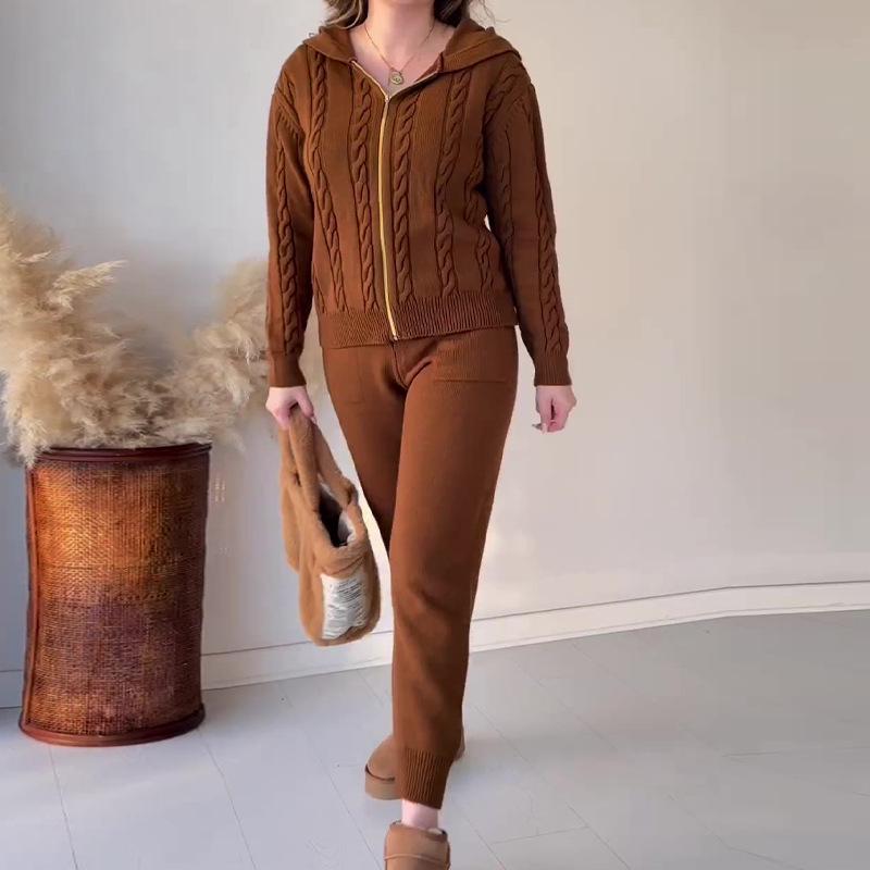 Autumn/Winter Cable Knit Hooded Zip-Up Top and Home Set for Women