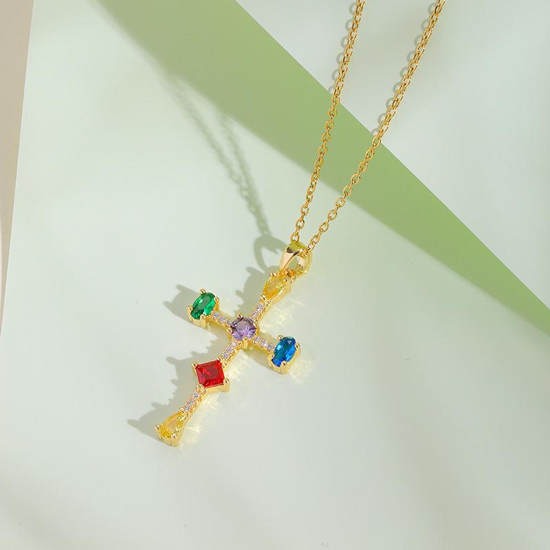 Color Zircon Cross Necklace Women'S High Sense Personality Versatile Inlaid Pendant Collarbone Chain