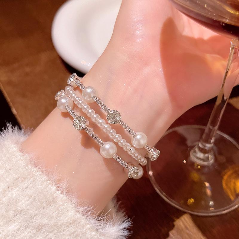 

Корейский многослойный браслет из жемчуга для женщин - легкий роскошный дизайн звездного неба S529 серебряный