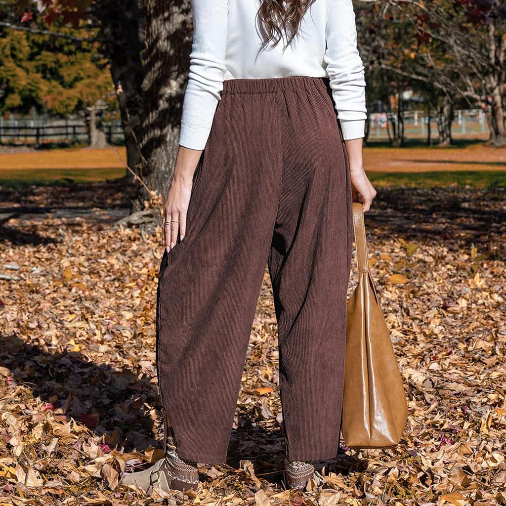 Womens Corduroy Pants Barrel Casual Loose Baggy Drawstring Wide Leg Palazzo Pants With Pockets