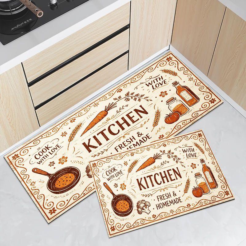 Retro Chef Hat Kitchen Cook With Love Mat Set Waterproof Non Slip Runner Rug Easy Clean Farmhouse Decor Floor Carpet