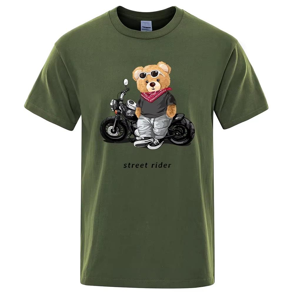 Motorcycle Enthusiast Street Teddy Rider Printed T-Shirt Men Loose Casual Short Sleeves Summer Breathable Tee Cotton Clothing