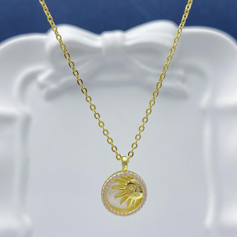Exquisite S925 Sterling Silver Sun Necklace with Gold-Plated Freshwater Mother-of-Pearl S925 Sterling Silver