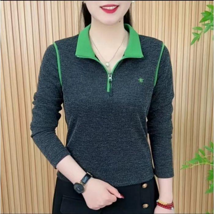 Spring & Autumn Half-Zip Color Block Embroidered Slimming Women's T-shirt