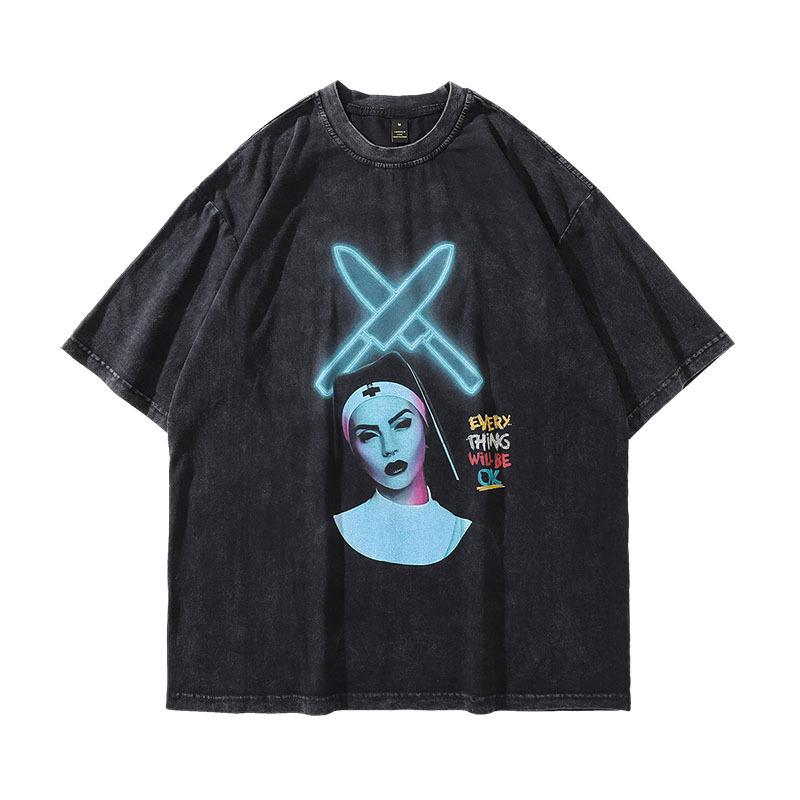 Harajuku Street Trendy Brand Sweet And Cool Cartoon Print Washed Short-Sleeved T-Shirt Men'S Ins Loose And Old Half-Sleeved Top