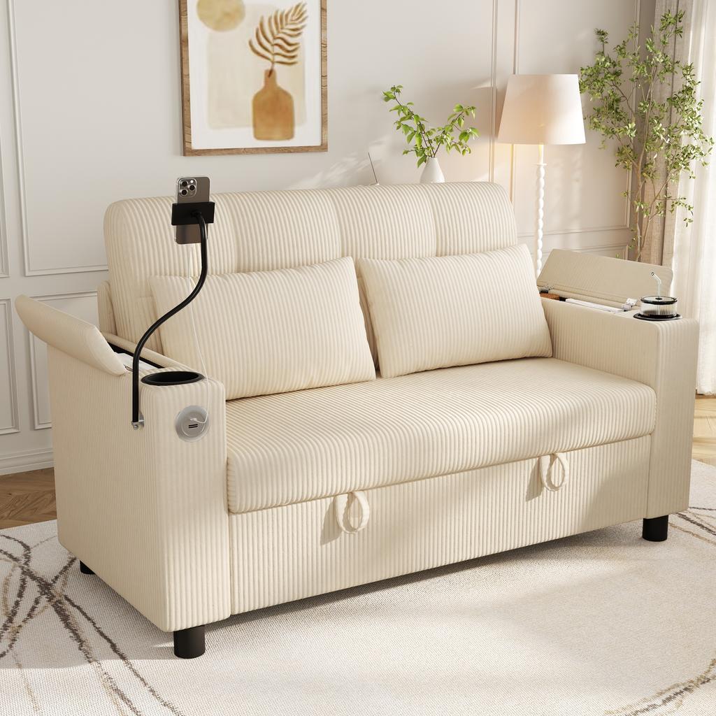 Modern 2-Seater Sofa with Hidden Storage, Button Tufting, Cup Holder, Armrest Storage, USB/Type-C Port, Phone Holder, Lumbar Pillows, Corduroy, Beige