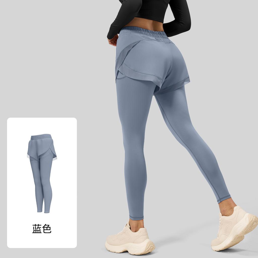 Fake two-piece sports leggings pocket pants nude fitness trousers high waist hip yoga pants women