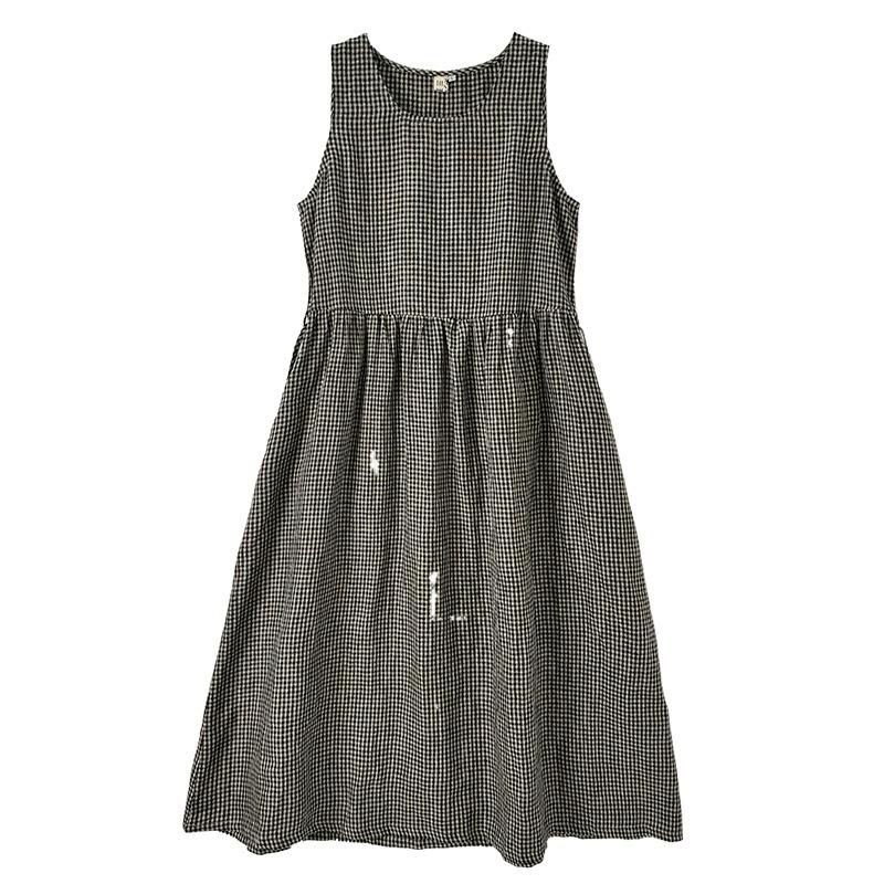 Real shot summer new literary loose cotton and linen plaid sleeveless dress women's vest skirt