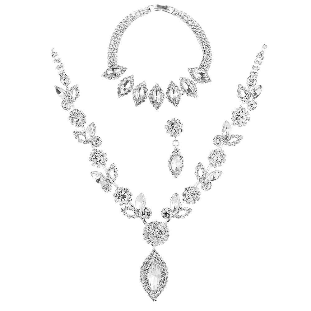Bride Crystal Flower Jewelry Set Banquet Wedding Necklace Earrings Bracelet Accessories for Women