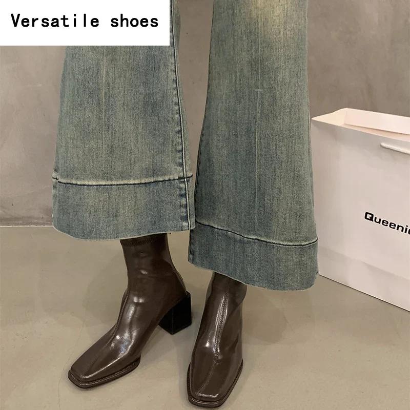 Women Ankle Boots Fashion Square Toe Back Zippers Shoes Vintage Square Heels Autumn Winter Ladies Short Booties