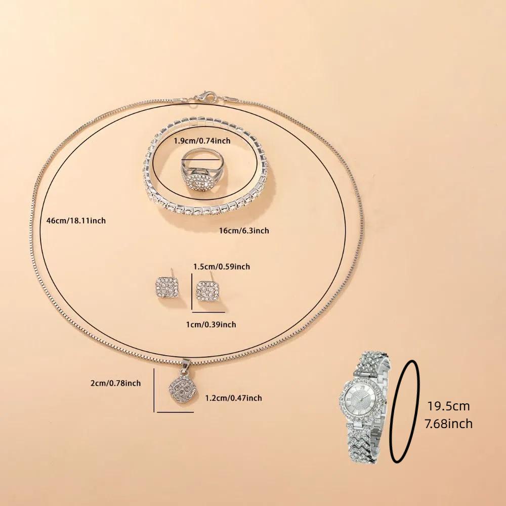 6Pcs/set Luxury Crystal Quartz Watch Exquisite Necklace Bracelet Earrings Set Ladies